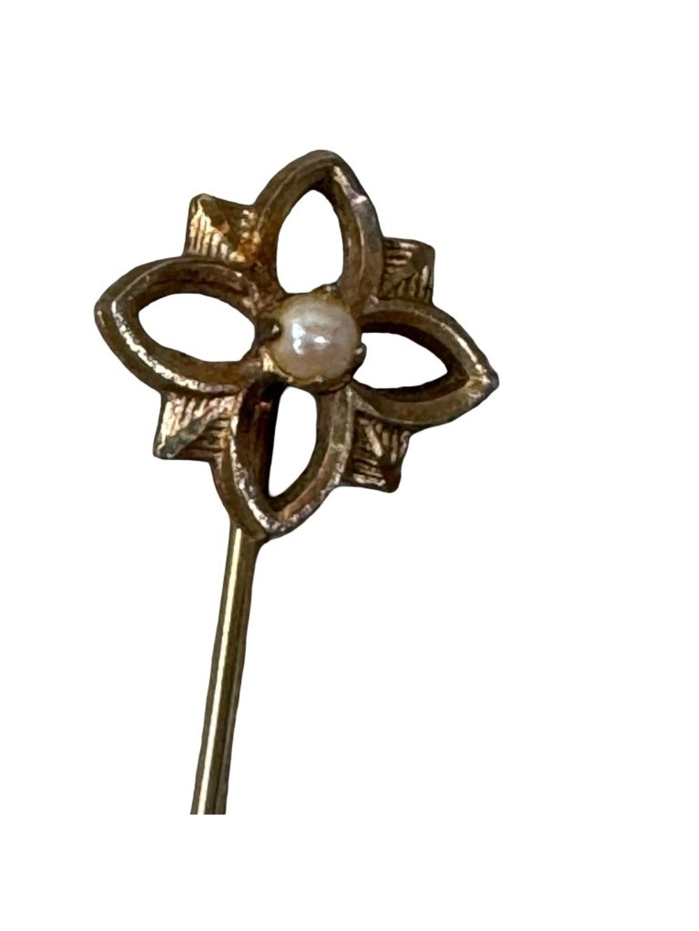 Vintage 18K Gold Stick Pin Art Nouveau Victorian Flower Design Faux Pearl Accent
